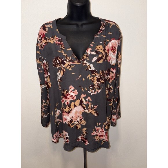 Maurices Long Sleeve Blouse Tunic Black Floral Print Women XL Collarless V Neck - Picture 1 of 8